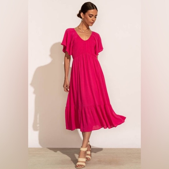 Pinkblush Dresses & Skirts - PinkBlush satin Barbie hot pink smocked flutter sleeve midi dress nwot